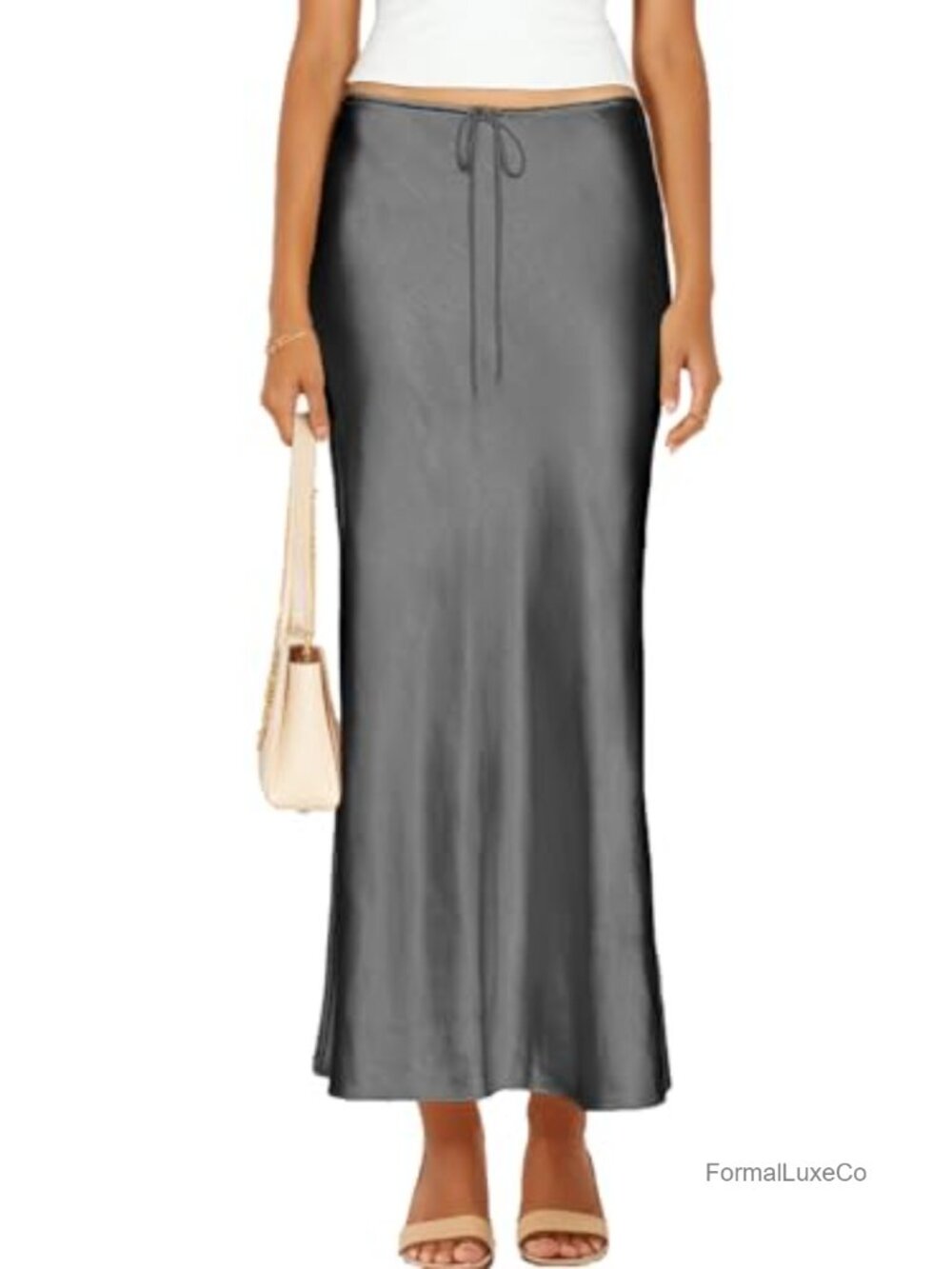 Womens Satin Silk Maxi Skirt Drawstring A-Line Casual Long